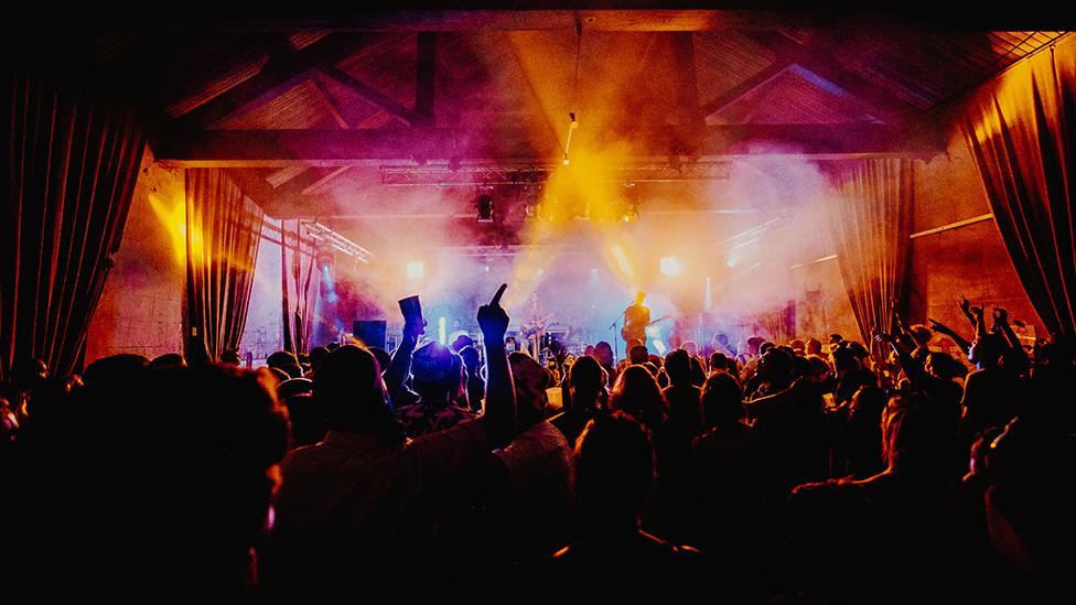 The crowd at the 110 Above Festival is silhouetted against the main stage. We can make out the backs of people's heads and a number of hands being waved in the air. The stage is bathed in a purple and yellow glow, which is amplified by dry ice or steam emanating from the stage.