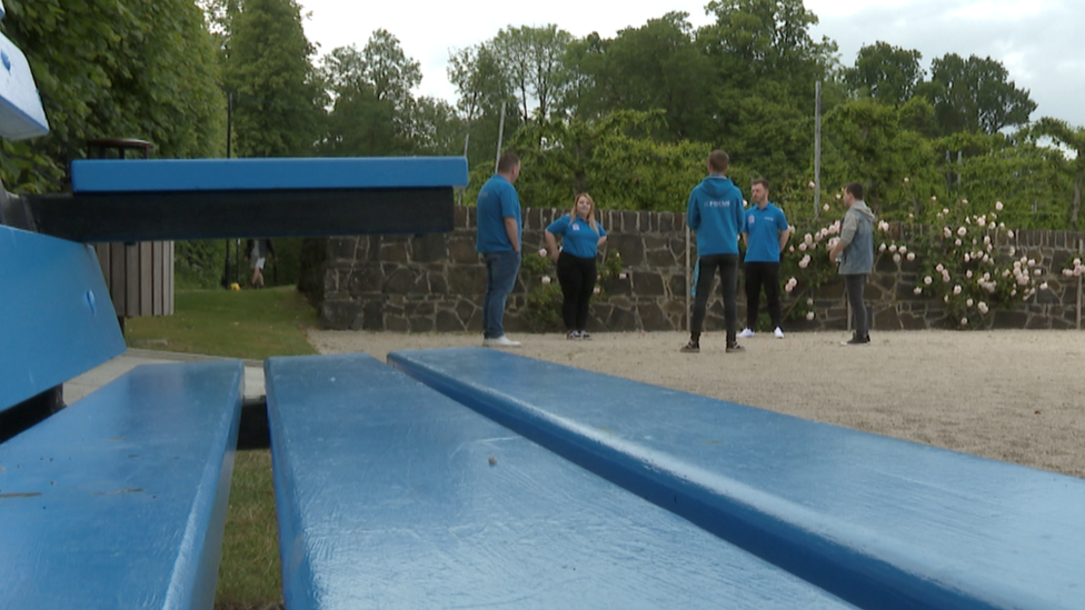 The blue bench in park, with