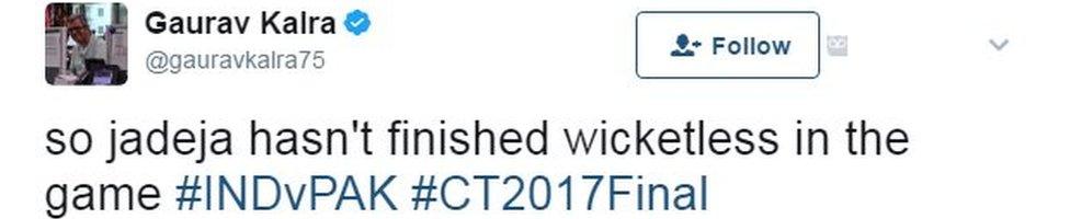 so jadeja hasn't finished wicketless in the game #INDvPAK #CT2017Final