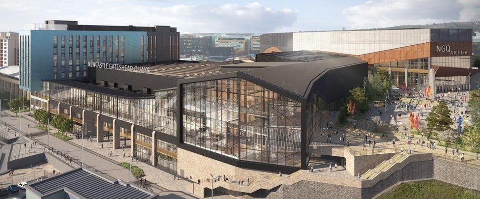 New plans for the Gateshead Quayside arena complex, with a redesigned hotel to the left of the development