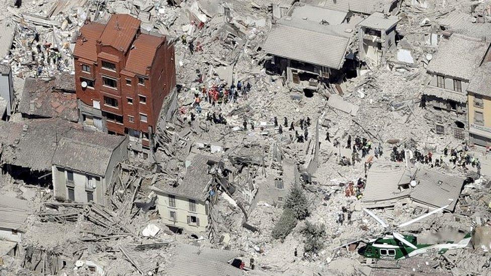 Damaged buildings in the historical part of Amatrice, 24 Aug 16