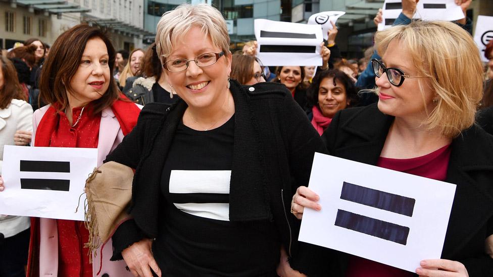 Carrie Gracie (centre) and other BBC employees outside New Broadcasting House in March 2018