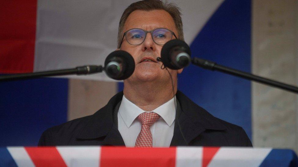 DUP leader Jeffrey Donaldson speaks during a anti-Northern Ireland Protocol rally in Bangor, County Down.