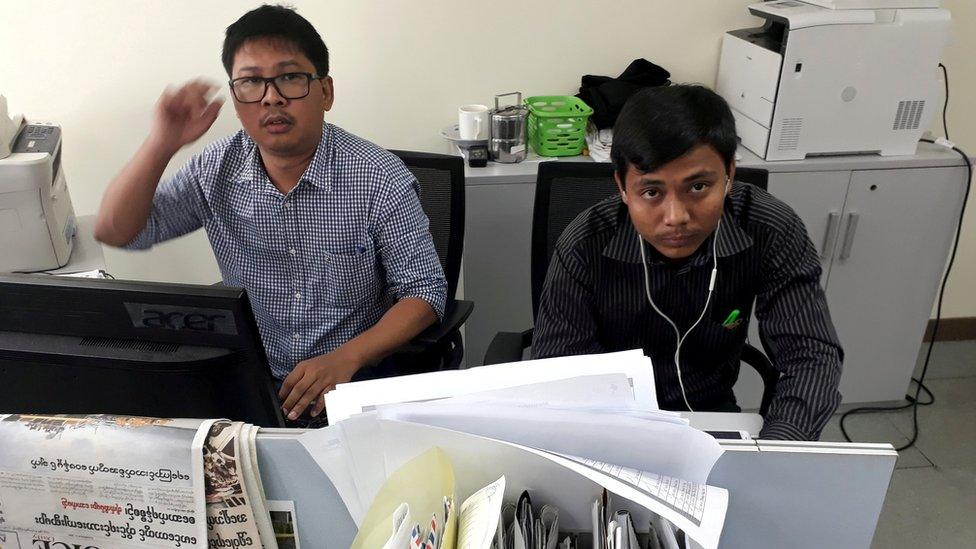 Reuters journalists Wa Lone and Kyaw Soe Oo pose for a picture at the Reuters office in Yangon, Myanmar