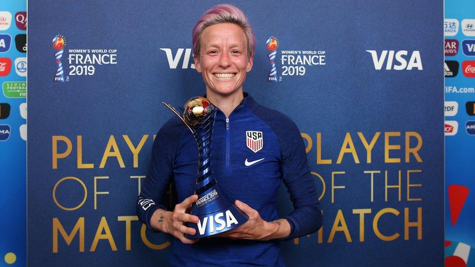 Megan Rapinoe of the USA poses for a photo with her VISA Player of the match award after the 2019 FIFA Women's World Cup France Round Of 16 match between Spain and USA