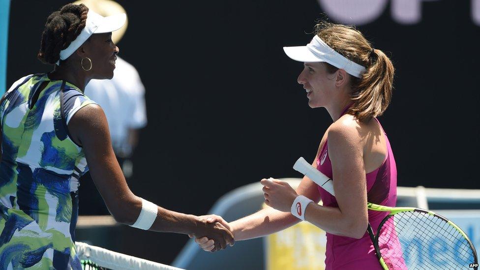 Johanna Konta and Venus Williams shaking hands over the net