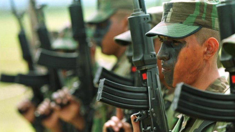 Colombian soldiers train at an army base in Tolemaida, about 60 miles outside of Bogota, Colombia on 9 Sept 1999