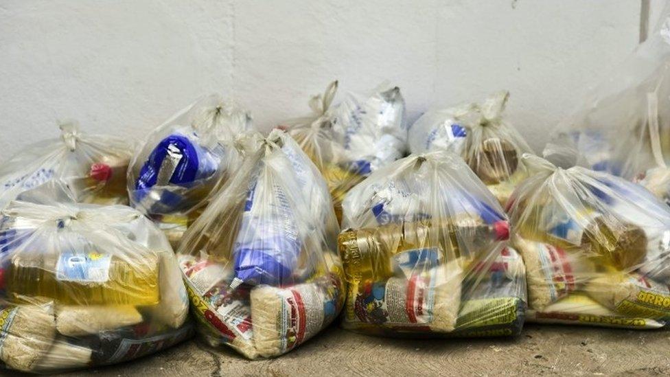 Bags of basic foodstuffs in one of the food distribution centers called CLAP in Caracas, on June 4, 2016