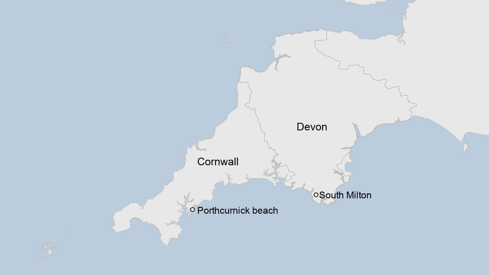 Map of Devon and Cornwall including Porthcurnick beach and South Milton