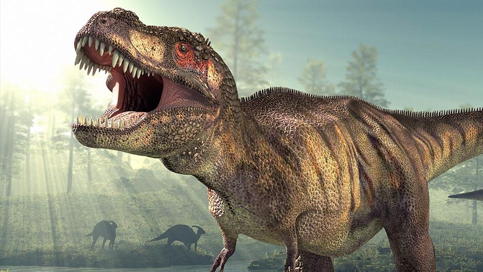 A computer generated image of a T. rex, roaring angrily in a natural landscape