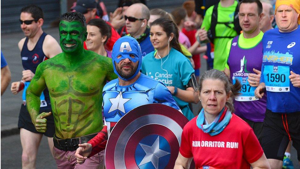 Superheroes taking part in Belfast City Marathon, 1 May 2017