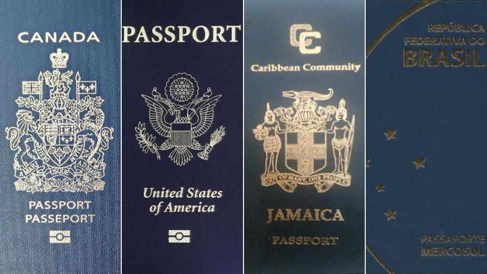 Passports of Canada, the US, Jamaica, and Brazil