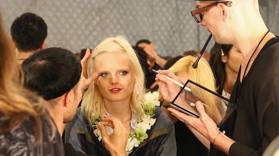 Hanne Gaby Odiele is prepared backstage at Anna Su Spring 2016 during New York Fashion Week (15 September 2015)