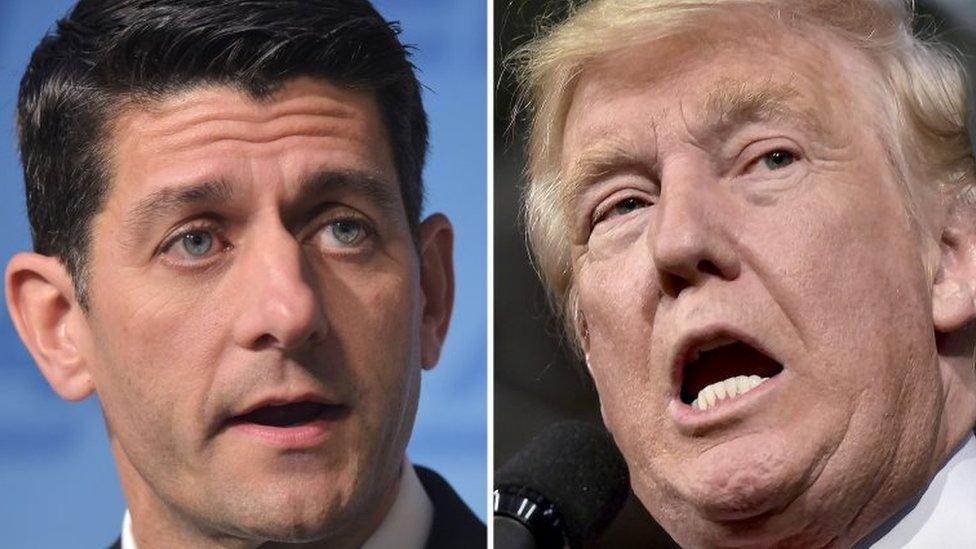 This combination of photos shows Republican presidential nominee Donald Trump (R) and Speaker of the House Paul Ryan, R-WI.