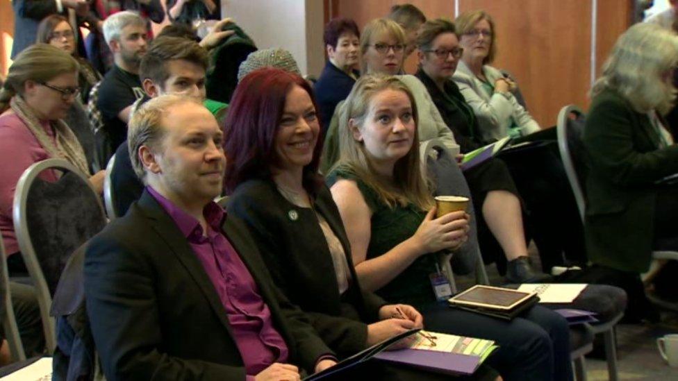 Steven Agnew, Green party leader in Northern Ireland sitting beside deputy leader of the party, Clare Bailey