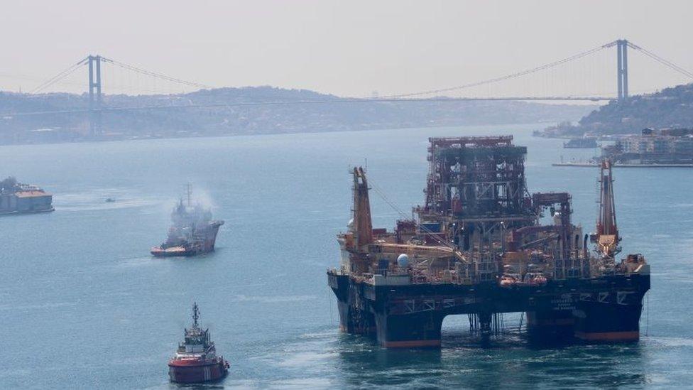 A drilling vessel in the Bosphorus on the way to the Mediterranean to explore