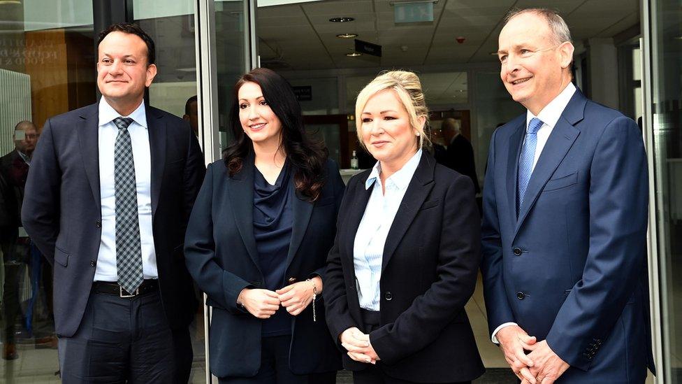 Taoiseach (Irish PM) Leo Varadkar, NI Deputy First Minister Emma Little-Pengelly, First Minister Michelle O'Neill and Tánaiste (Irish deputy PM) Micheál Martin arrive in Armagh