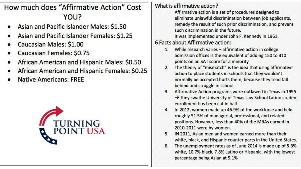 The card that would have been handed out at the cake sale, setting out Turning Point's opinions and evidence on the unfairness of affirmative action