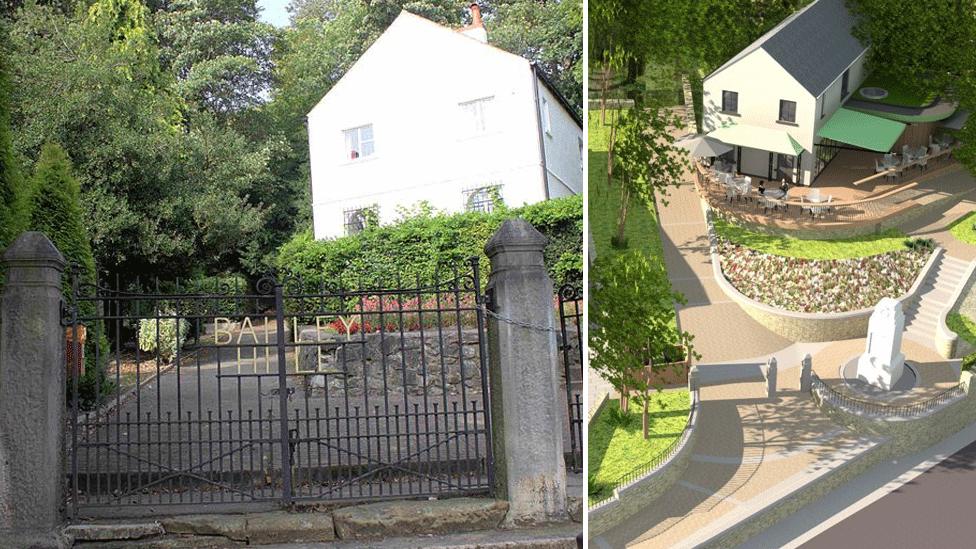 Bailey Hill entrance gates and building and artist impression of what it could look like with outdoor seating area