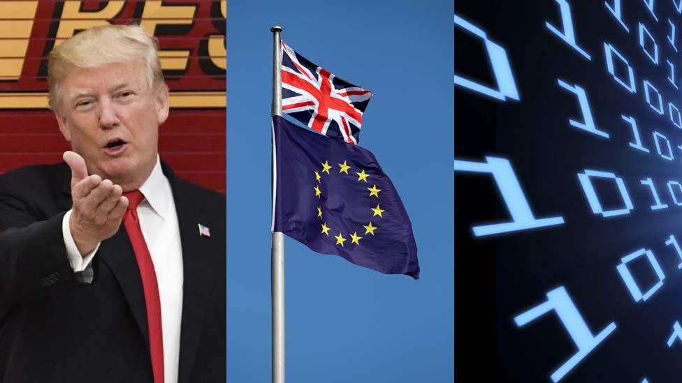 Trump, EU flags and tech graphic