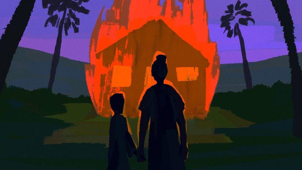 An illustration of a woman and child in front of a burning house surrounded by palm trees.