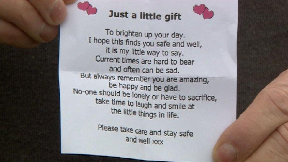 The poem reading: "Just a little gift/ To brighten up your day./ I hope this finds you safe and well,/ It is my little way to say./ Current times are hard to bear/ and often can be sad./ But always remember you are amazing,/ Be happy and be glad./ No-one should be lonely or have to sacrifice,/ Take time to laugh and smile at/ The little things in life."