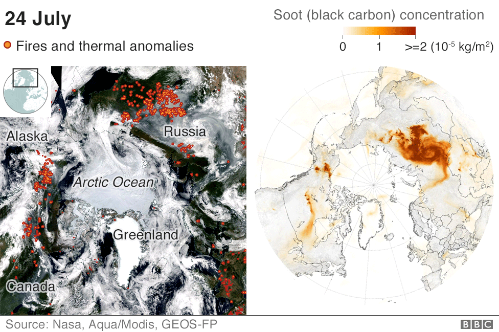 Maps showing soot from the fires travelling across the Arctic