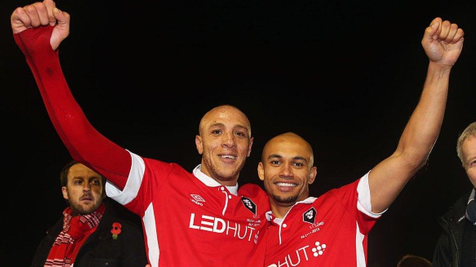 The two goal scorers Richie Allen and Danny Webber celebrate victory after the FA Cup first round match