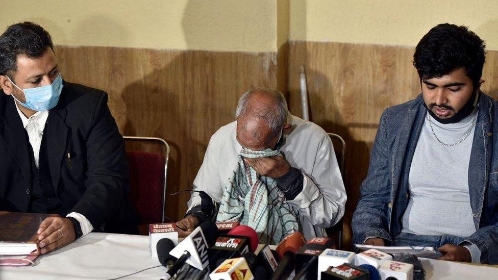 Baba Ka Dhaba owner, Kanta Prasad, who shot to fame after a viral video, reacts during a press conference, on November 6, 2020 in New Delhi, India.