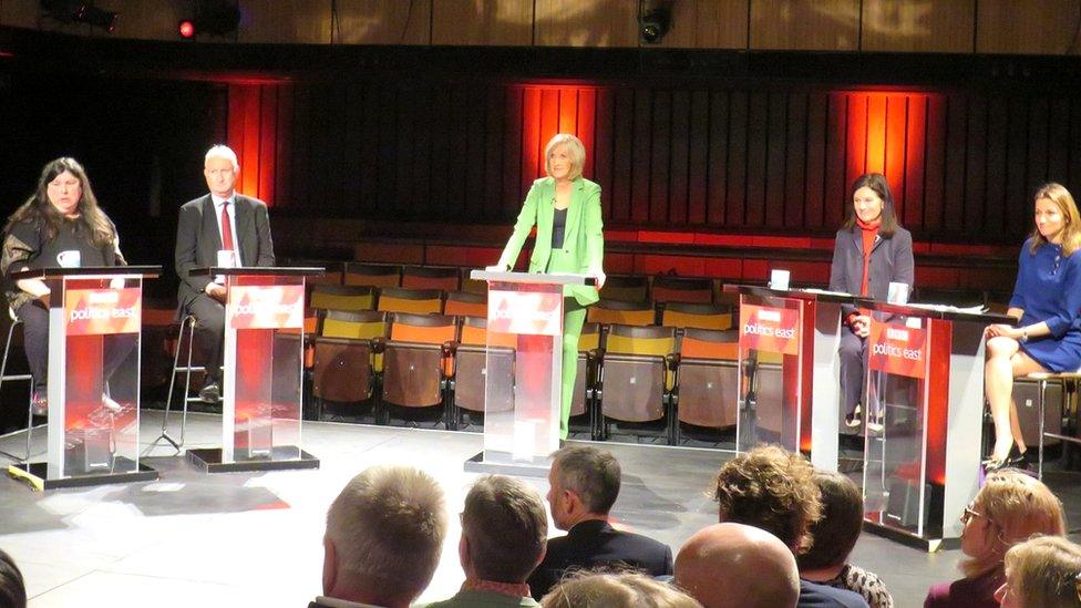 The debate at the Perse School's Peter Hall Performing Arts Centre in Cambridge. Left to right: Naomi Bennett, leader of the Green Party on Cambridge City Council, Daniel Zeichner, Labour MP for Cambridge, BBC Politics East's Amelia Reynold, Bridget Smith, the Lib Dem leader of South Cambridgeshire District Council, and Lucy Frazer, the Conservative MP for South East Cambridgeshire