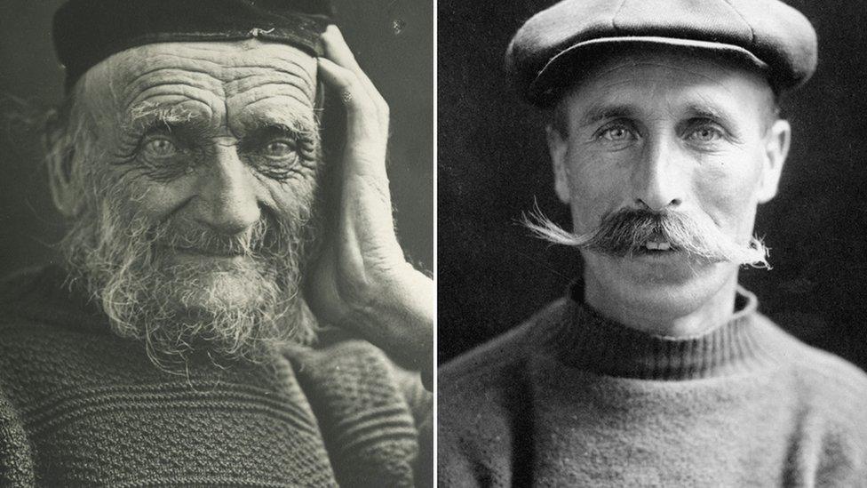 Black and white fishermen portraits from the early 1900s, by Olive Edis, showing men in ganseys