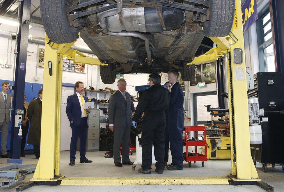 Prince Charles at the Applied Learning Centre at the Ullswater Community College in Penrith, during a day of visits to Cumbria, three months after he visited flood-hit communities in the wake of Storm Desmond.