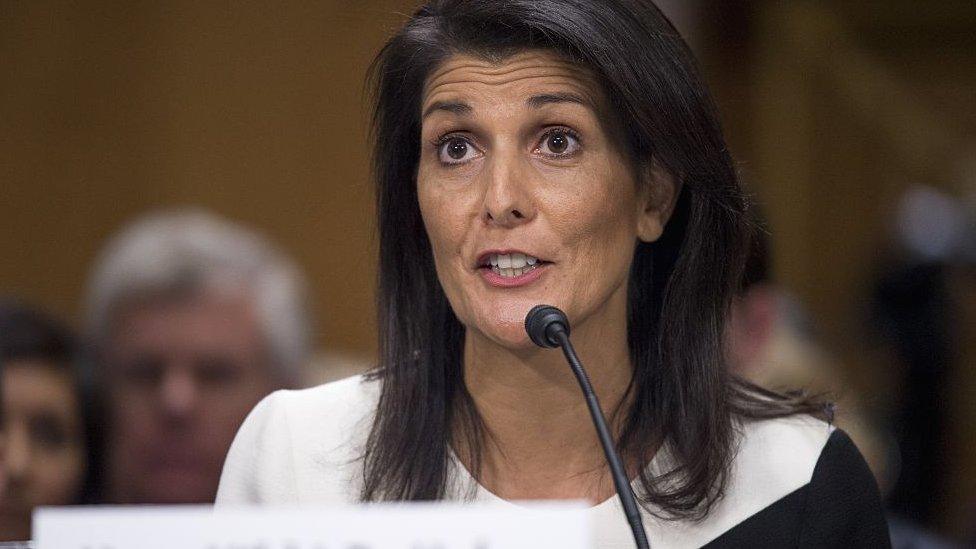 Nikki Haley answers questions during her confirmation hearing.