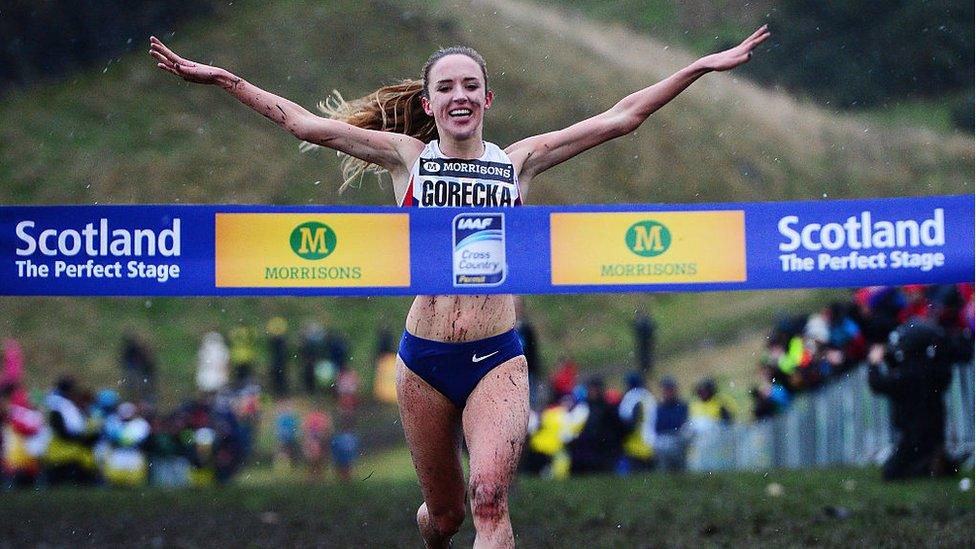 Emelia Gorecka of Great Britain celebrates winning the Senior Women's 6K race during the Great Edinburgh X Country at Holyrood Park on January 10, 2015