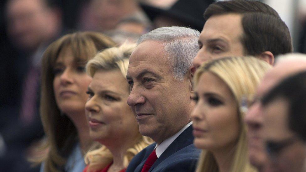 Israel's Prime Minister Benjamin Netanyahu (third L), his wife Sara Netanyahu (second L) Senior White House Advisor Jared Kushner, US President's daughter Ivanka Trump at the opening of the US embassy in Jerusalem.