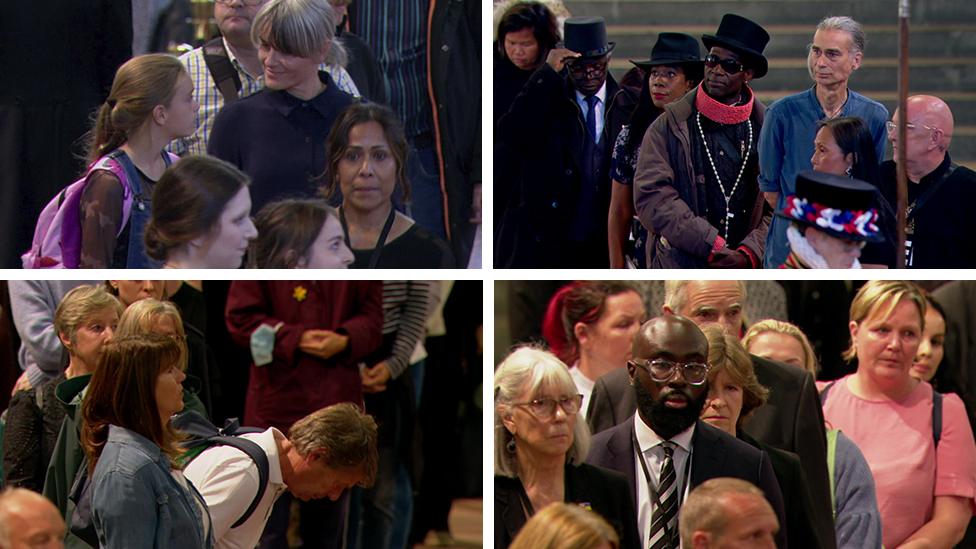 Mourners paying their respects as they pass the Queen's coffin