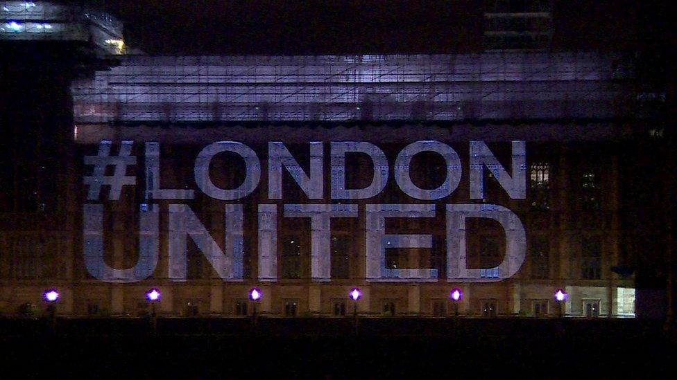 #LondonUnited projected onto the Houses of Parliament