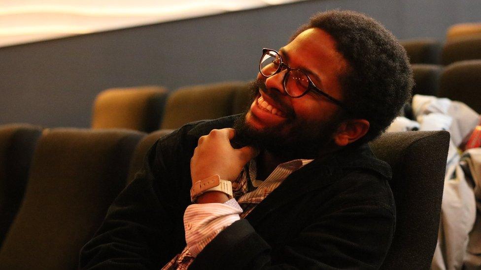 Gboyega at the Barbican Young Poets rehearsal in 2019