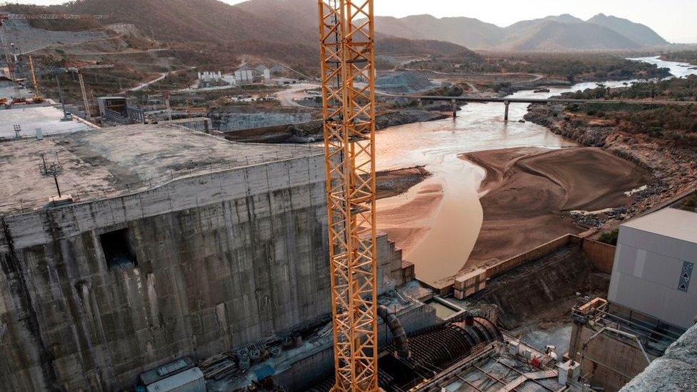 The Blue Nile river as it passes through the Grand Ethiopian Renaissance Dam (GERD), near Guba in Ethiopia, on December 26, 2019