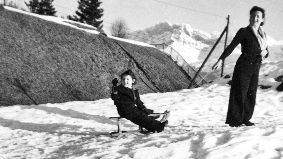 Eva and Anita in the mountains in Villars, Switzerland, winter 1940