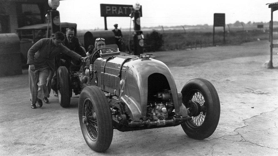 Sir Henry Birkin in his Bentley, taking part in the 500 mile race at Brooklands racetrack, in 1931