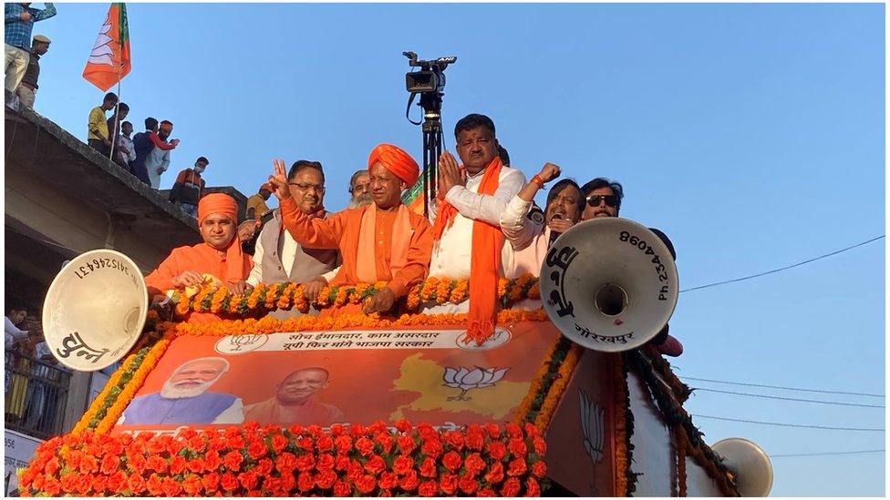 Yogi Adityanath at his roadshow in Gorakhpur