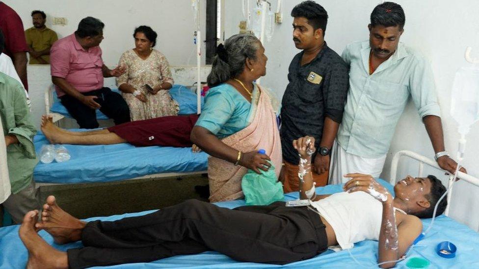 Victims receive medical treatment at the Government Medical College hospital in Ernakulam after a series of explosion took place during a Jehovah Witnesses meeting at a convention centre in Kalamassery near the port city of Kochi on October 29, 2023. A suspected bomb blast during a Christian prayer meeting in India's southern state of Kerala killed one person and wounded 36 others, police said on October 29. (Photo by Arun CHANDRABOSE / AFP) (Photo by ARUN CHANDRABOSE/AFP via Getty Images)