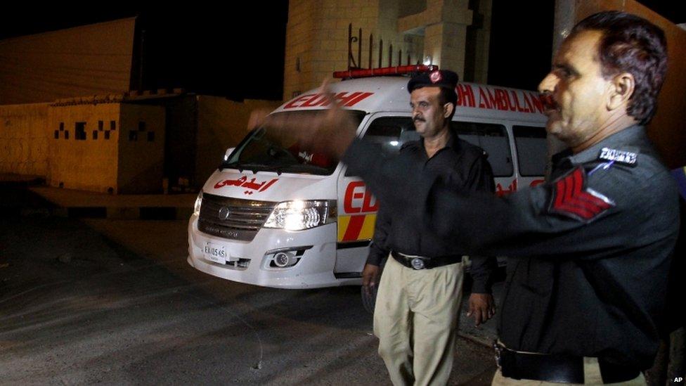 Ambulance carries body of Shafqat Hussain in Karachi, 4 August