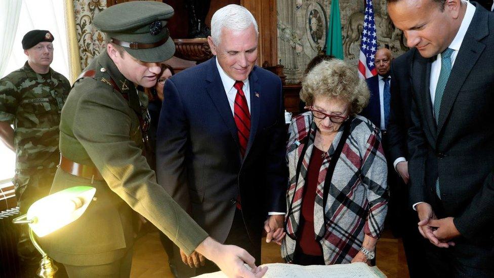 US Vice-President Mike Pence with his mother Nancy Pence-Fritsch are shown the service records of his grandfather, Richard Michael Cawley, who served with distinction in the Irish Defence Forces during the Civil War