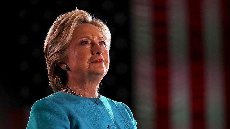 Democratic presidential nominee former Hillary Clinton looks on during a campaign rally