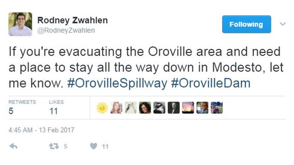 If you're evacuating the Oroville area and need a place to stay all the way down in Modesto, let me know. #OrovilleSpillway #OrovilleDam