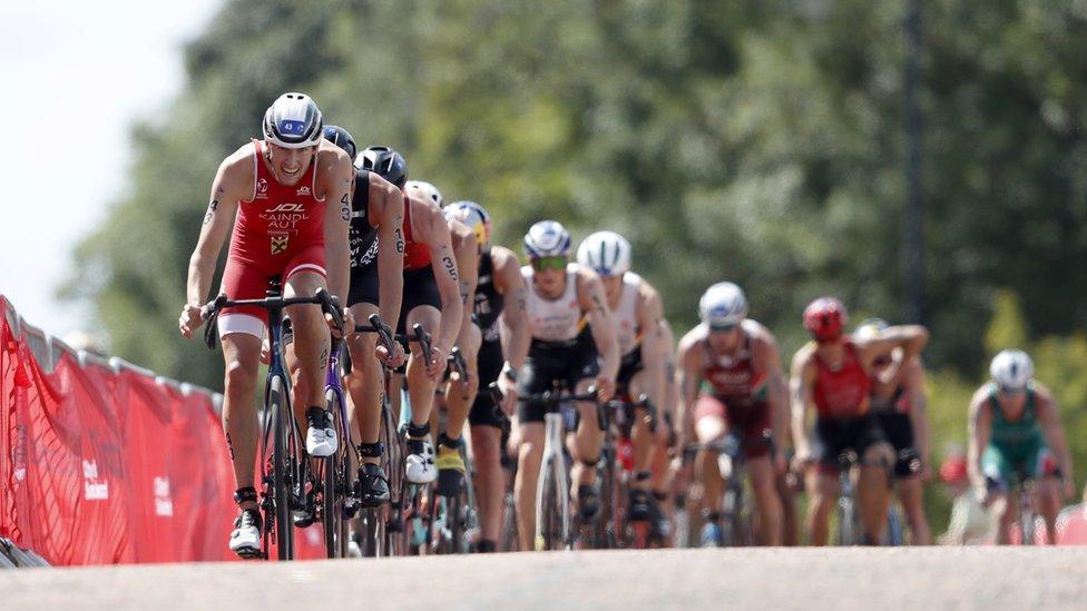 Austria's Tjebbe Kaindl in action during the Elite Men’s race on day one of the 2023 World Triathlon Series event at Roker Beach, Sunderland