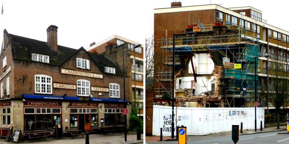 The Carlton Vale Tavern before and after demolition.