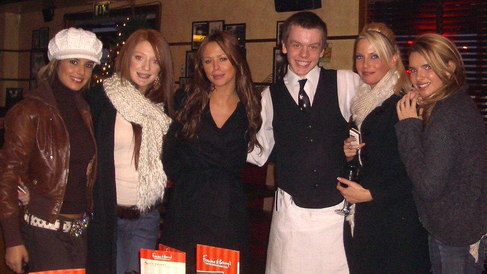 Girls Aloud with BBC reporter Steven McIntosh